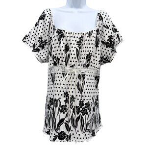 Dressbarn Polka Dot Floral Gauze Tunic Top Peasant Boho B & W Womens 18/20